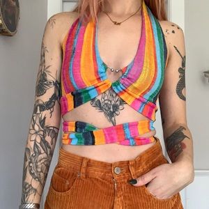 Shein rainbow halter top with metal heart embellishment.